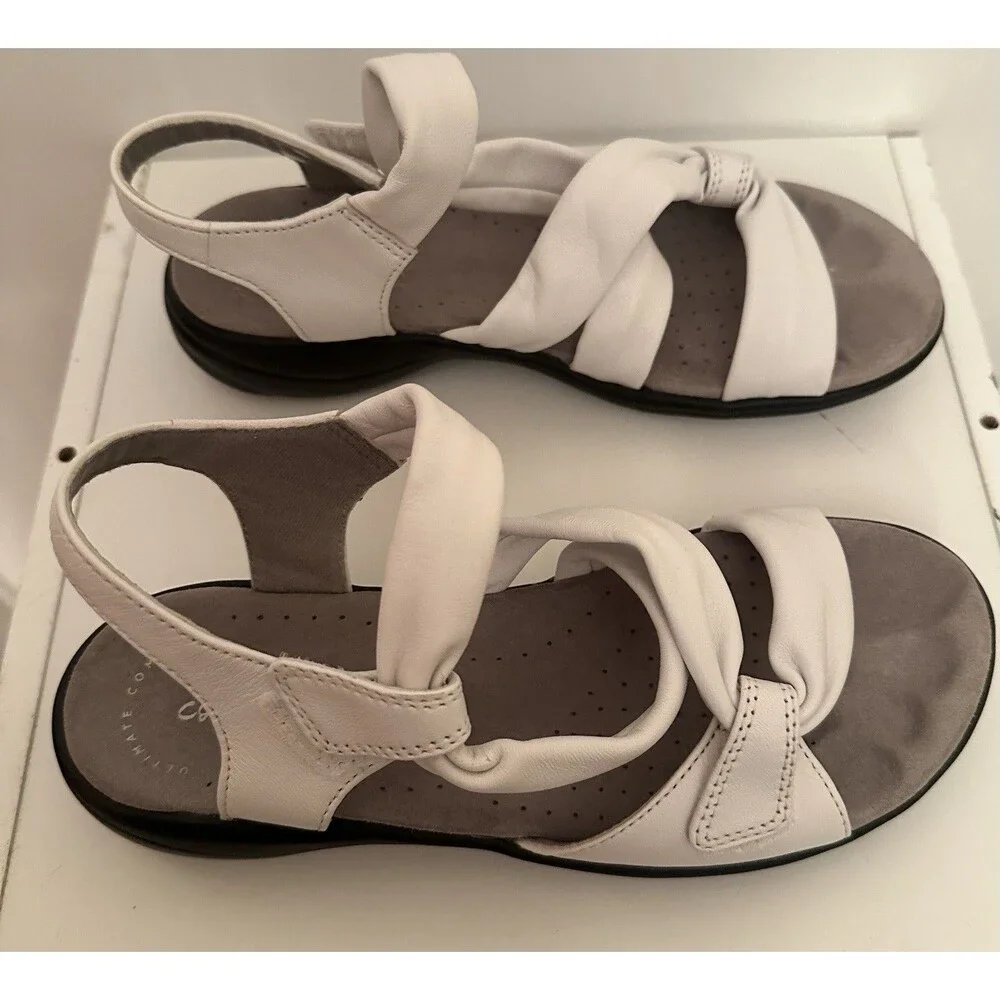 Clarks White Leather Knotted Comfort Sandals Women’s 6 Ultimate Comfort
